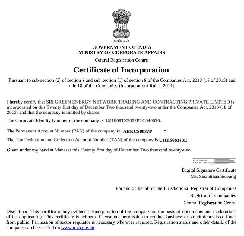 Certificate of Incorporation - Ministry of Corporate Affairs
