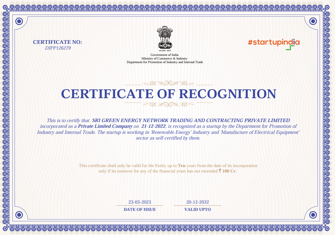 Startup India DPIIT Recognition Certificate